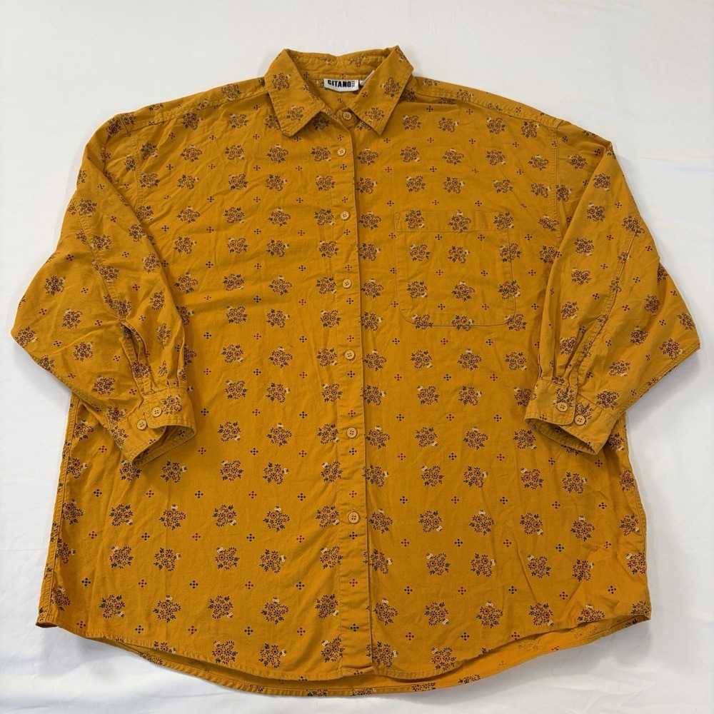 Gitano Womens 22W Ladies Yellow Floral Collared 3/4 Sleeve Button-Up